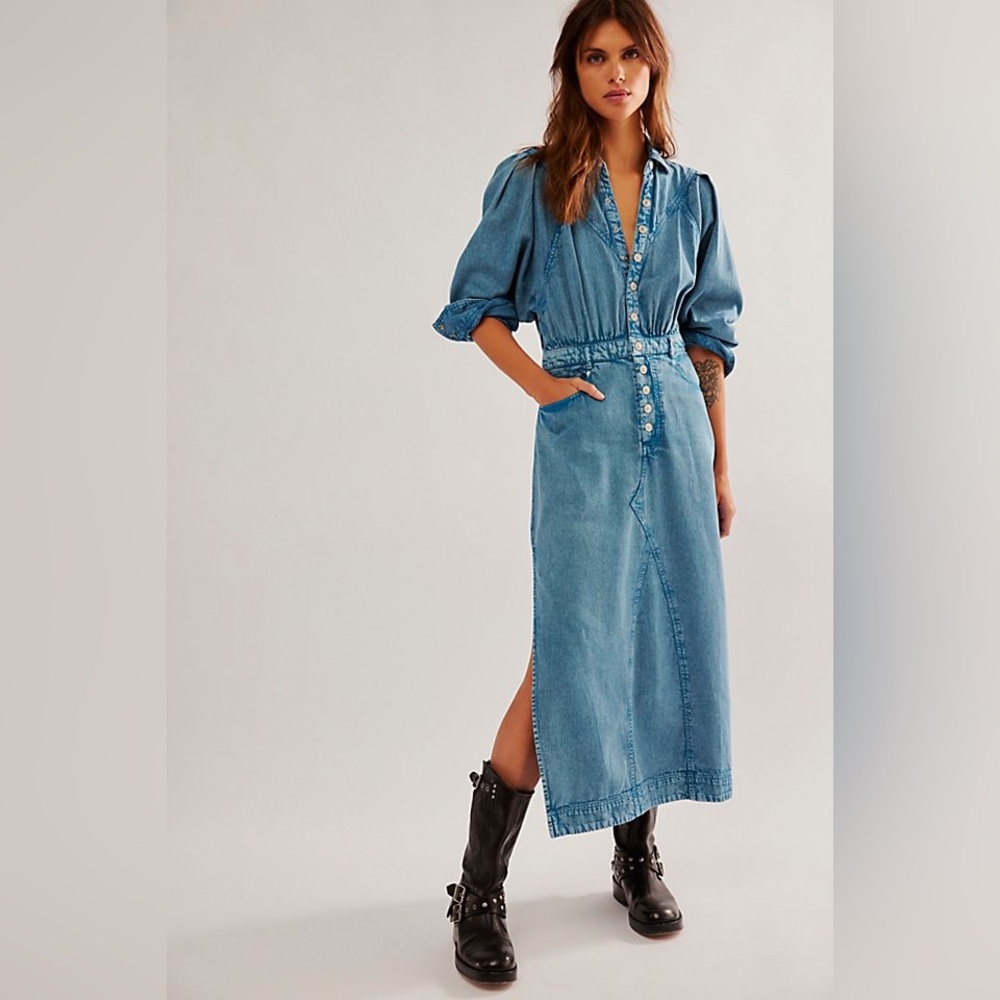 Free People Light Blue Denim Midi Dress